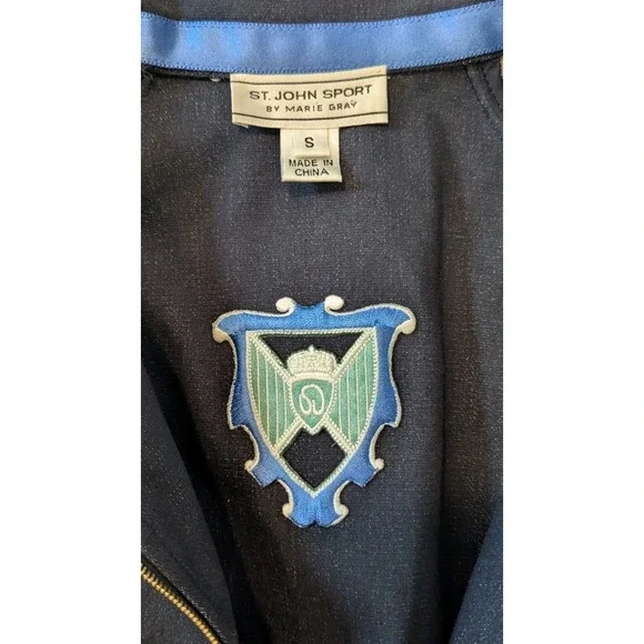 St John Marie Gray jacket S 3/4 Sleeve Full Zip Navy Blue Striped Trim Pockets